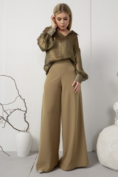 Широкие струящиеся брюки с кокеткой из текстиля AMORI 5202 горчица - фото 1