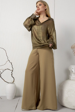 Широкие струящиеся брюки с кокеткой из текстиля AMORI 5202 горчица - фото 3