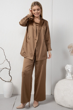 Длинные атласные брюки на резинке из хлопка AMORI 5203 шоколад - фото 3