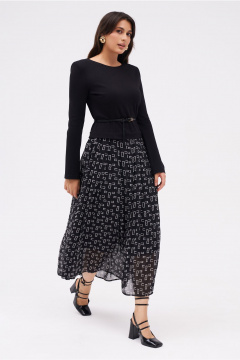 Платье из трикотажа с шифоновой юбкой и контрастным принтом KaVaRi 1095 черный - фото 3