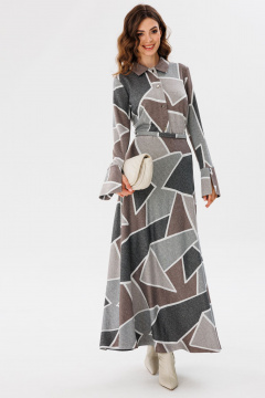 Платье миди с пуговицами и поясом из костюмной ткани EOLA 2711 серый_принт - фото 1