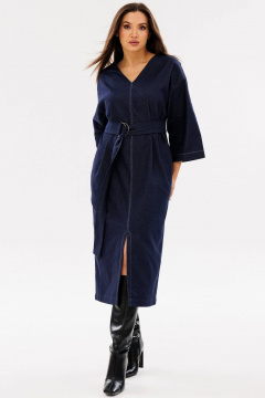 Джинсовое платье на каждый день с поясом и разрезом Ma Сherie 4075 темно-синий - фото 2