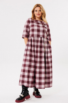 Длинное свободное платье с завязками и карманами Michel chic 2132/1 бордо,клетка - фото 4