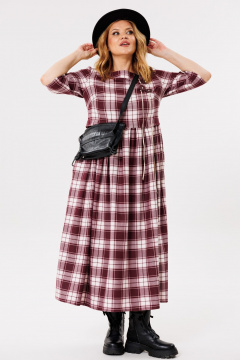 Длинное свободное платье с завязками и карманами Michel chic 2132/1 бордо,клетка - фото 2