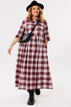 Длинное свободное платье с завязками и карманами Michel chic 2132/1 бордо,клетка - фото 1
