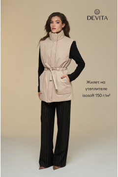 Жилет прямой на подкладке с высокой стойкой и поясом DEVITA 4016 песочный - фото 2