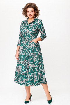 Платье из вискозы с поясом и кокетками Swallow 784.2 изумруд/принт"бежевая_абстракция" - фото 4