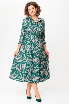 Платье из вискозы с поясом и кокетками Swallow 784.2 изумруд/принт"бежевая_абстракция" - фото 3