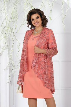 Нарядный костюм платье с кружевным кардиганом розовый Ninele 5907 коралловый - фото 2