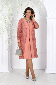 Нарядный комплект платье с кружевным кардиганом розовый Ninele 5988 коралловый - фото 1