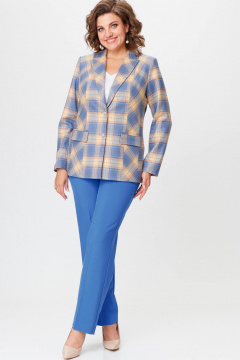 Комплект жакет и брюки из текстиля голубой с принтом БелЭльСтиль 412-3 03 22+596-2 79 22 голубая_клетка+василек - фото 2
