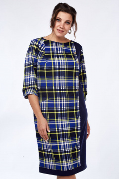 Демисезонное платье из трикотажа с рельефами и разрезом Lady Style Classic 955/7 синий_желтый - фото 3