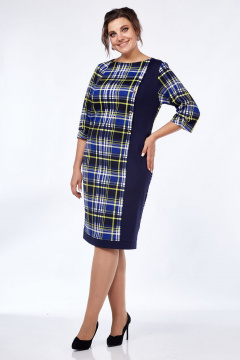 Демисезонное платье из трикотажа с рельефами и разрезом Lady Style Classic 955/7 синий_желтый - фото 2