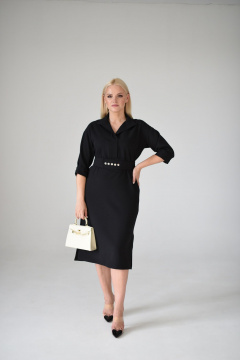 Платье миди с отложным воротником и поясом из текстиля Мастер Мод 862с черный - фото 1