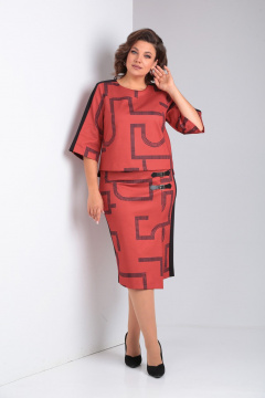 Трикотажный костюм из юбки и блузы с лампасами и принтом Rishelie 906 терракот - фото 1