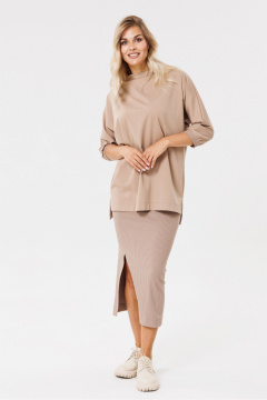 Бежевый трикотажный юбка с разрезом и поясом PRATA wear S006 капучино - фото 1