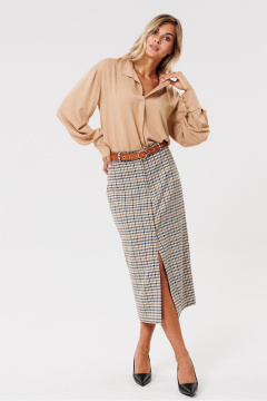 Круглогодичная классическая юбка из текстиля с шлицей PRATA wear S017 бежевый - фото 2