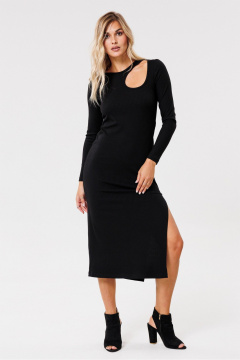 Круглогоднее трикотажное платье с разрезом и вырезом PRATA wear S021 черный - фото 1