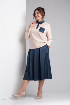 Синий комплект из свободной блузы и юбки из текстиля VIA-Mod 641 изумруд - фото 2