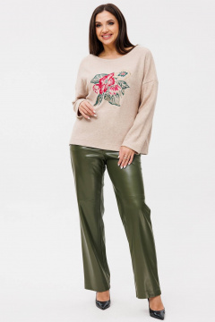 Двухпредметный комплект трикотажный джемпер и брюки из экокожи Ma Сherie 3101 бежевый+хаки - фото 1