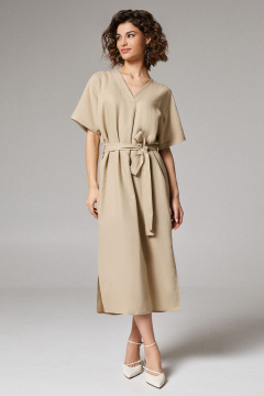 Платье прямого силуэта из льна с разрезами и поясом Панда 174180w бежевый - фото 1