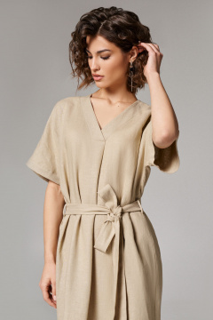 Платье прямого силуэта из льна с разрезами и поясом Панда 174180w бежевый - фото 2
