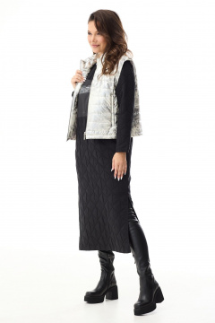 Утепленный жилет и платье прямого кроя из плащевой ткани Магия моды 2337 черный+серебро - фото 2