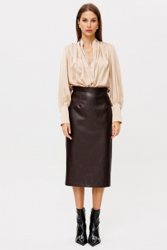 Юбка миди из экокожи с высокой посадкой и шлицей THE NAME 2352 шоколад - фото 3