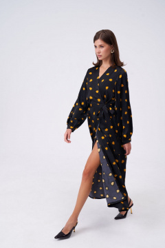 Платье на запах с контрастным принтом и длинными завязками KaVaRi 1101 черный - фото 1