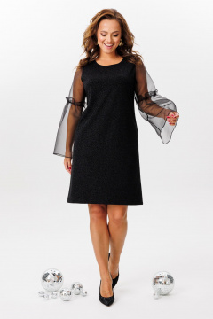 Нарядное платье А-силуэта из текстиля с рюшей и органзой Mubliz 216 черный - фото 1