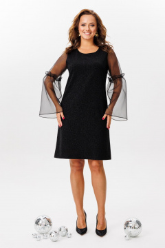 Нарядное платье А-силуэта из текстиля с рюшей и органзой Mubliz 216 черный - фото 2