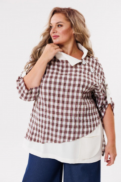 Блуза свободного кроя из комбинированной ткани Michel chic 751/1 клетка,бежевый - фото 1