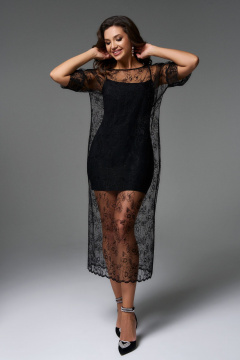 Платье-футляр мини в кружевную сетку с поясом Jolie 16385 черный - фото 1