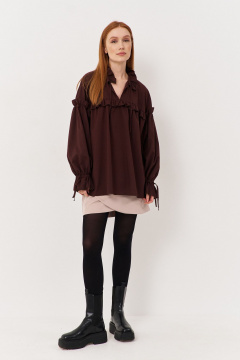 Блуза свободного кроя с рюше и сборками из текстиля FLAIM 1123 коричневый - фото 4