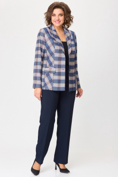 Женский костюм с брюками и жакетом из текстиля БелЭльСтиль 412-3_03_22+596-2_79_22 бело-синяя_клетка + синий однотон - фото 3