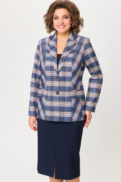 Деловой комплект: жакет и юбка из текстилли изящества БелЭльСтиль 412-3_03_22+597-2_47_22 бело-синяя_клетка + синий_однотон - фото 3