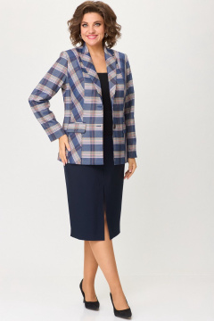Деловой комплект: жакет и юбка из текстилли изящества БелЭльСтиль 412-3_03_22+597-2_47_22 бело-синяя_клетка + синий_однотон - фото 1