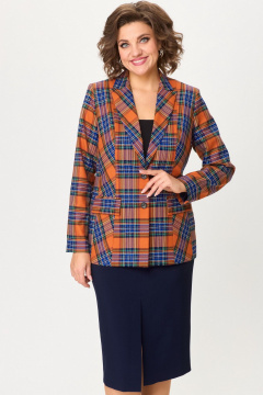 Женский двойка: жакет и юбка из текстиля для офиса БелЭльСтиль 412-3_03_22+597-2_47_22 клетка_терракот+синий - фото 3