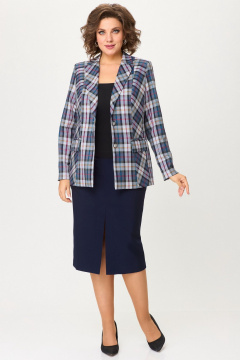 Деловой двойной костюм из текстиля: брюки и юбка БелЭльСтиль 412-3_03_22+597-2_47_22 синяя_клетка + синий_однотон - фото 3