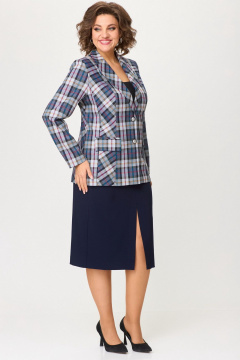 Деловой двойной костюм из текстиля: брюки и юбка БелЭльСтиль 412-3_03_22+597-2_47_22 синяя_клетка + синий_однотон - фото 2