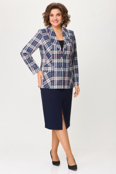 Деловой двойной костюм из текстиля: брюки и юбка БелЭльСтиль 412-3_03_22+597-2_47_22 синяя_клетка + синий_однотон - фото 1
