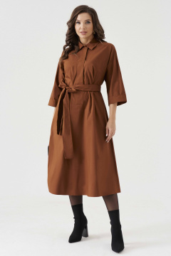 Платье А-силуэта из хлопковой ткани с поясом и карманами Панда 192980w коричневый - фото 1