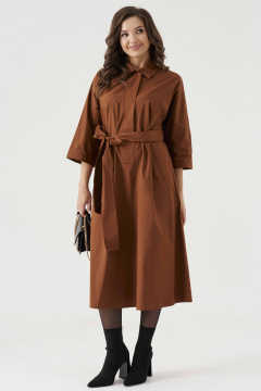 Платье А-силуэта из хлопковой ткани с поясом и карманами Панда 192980w коричневый - фото 2