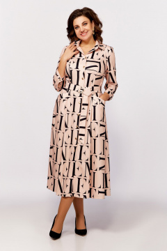 Платье приталенное с карманами и поясом из вискозы Swallow 784.3 персик+черные_буквы - фото 4