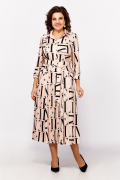 Платье приталенное с карманами и поясом из вискозы Swallow 784.3 персик+черные_буквы - фото 1