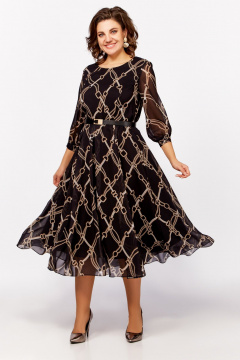 Платье свободное в стиле на каждый день из шифона Swallow 792.2 черный,принт«бежевые_цепи» - фото 1