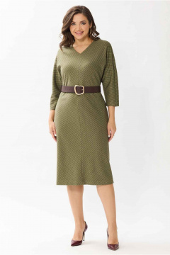 Платье из вискозы с V-вырезом и поясом-ремнем Mislana 1144 оливка_с_ремнем - фото 1