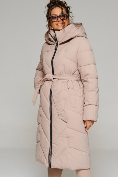 Пальто стеганое прямое, с капюшоном, воротником-стойкой, поясом Beautiful&Free 6248 бежевый - фото 1