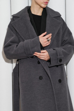 Демисезонное пальто оверсайз со двубортной застежкой и спущенной линией плеча Skipper Design 116 серый_рубчик - фото 2