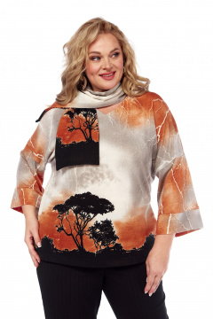 Свободная трикотажная блуза с принтом и V-образным вырезом Abbi 4051 бежево-коричневый - фото 5